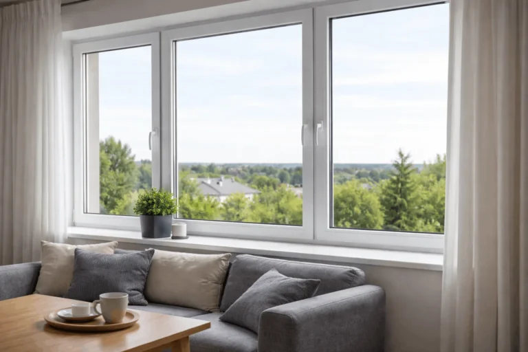 okna PCV nowoczesne duże okno plastikowe w salonie